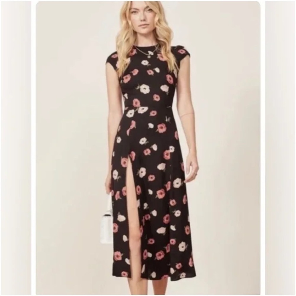 Reformation Gavin dress Black Floral size 2 Side Slit Maxi Cut Out Open Back